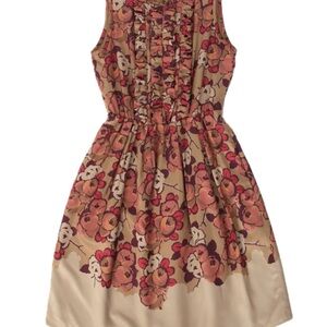 Etro Vintage Silk Twill Ruffle Front Dress Size IT44 Small Tan Floral Italian. 6